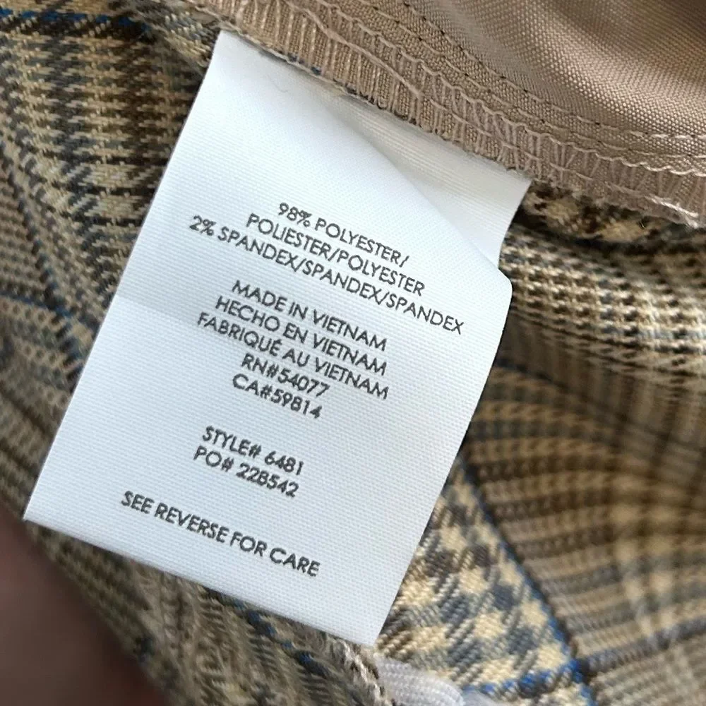 CAbi Tribute Khaki Blue Plaid Cropped Kick Flare Trousers Size 8